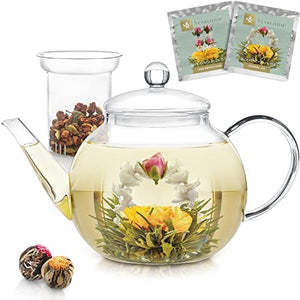 Teabloom Stovetop & Microwave Safe Glass Teapot (40 OZ) Gift Set Includes 2 Blooming Teas
