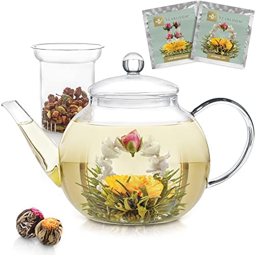 Teabloom Stovetop & Microwave Safe Glass Teapot (40 oz / 1.2 L) with Removable Loose Tea Glass Infuser 鈥?Includes 2 Blooming Tea