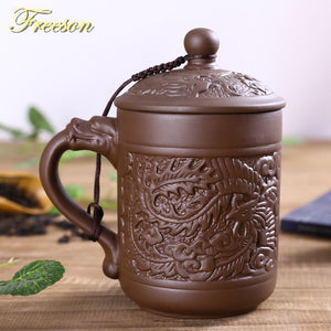 Traditional Chinese Yixing Dragon Phoenix Purple Clay Tea Cup 12 oz